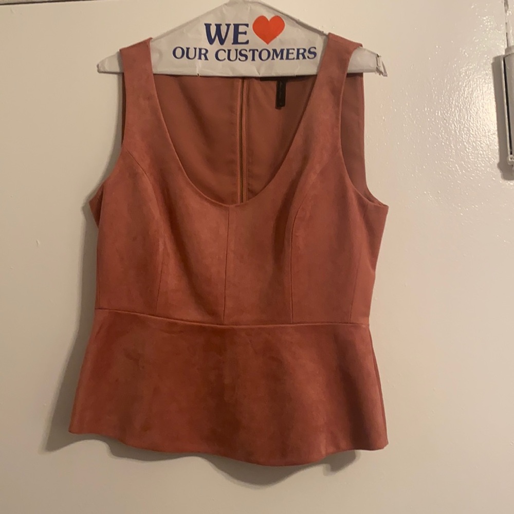 Faux-suede BCBG Maxazria terra cotta/coral peplum style top